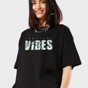Kadın Kısa Kol Yazlık Tişört Bisiklet Yaka VIBES Baskılı T-Shirt - Siyah