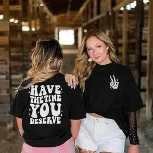Kadın Baskılı T-Shirt Kısa Kol Bisiklet Yaka Oversize Rahat Kalıp Tişört - Siyah