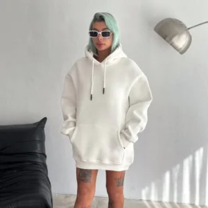 Kadın Kapüşonlu Kanguru Cepli 3 İplik Pamuklu Oversize Hoodie Sweatshirt - Beyaz