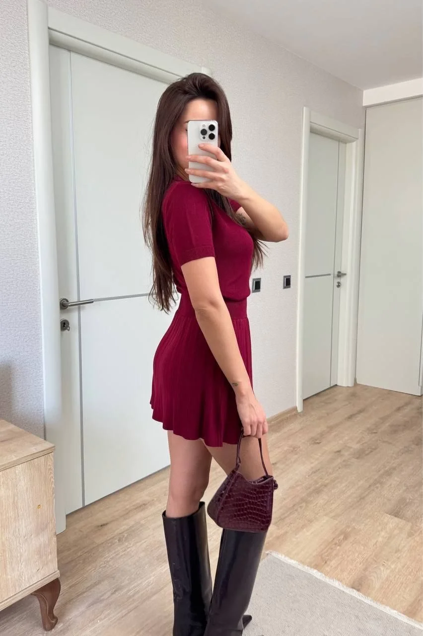 Kadın Kısa Kollu Bluz Mini Etekli ikili Takım Triko - Bordo - Görsel 2