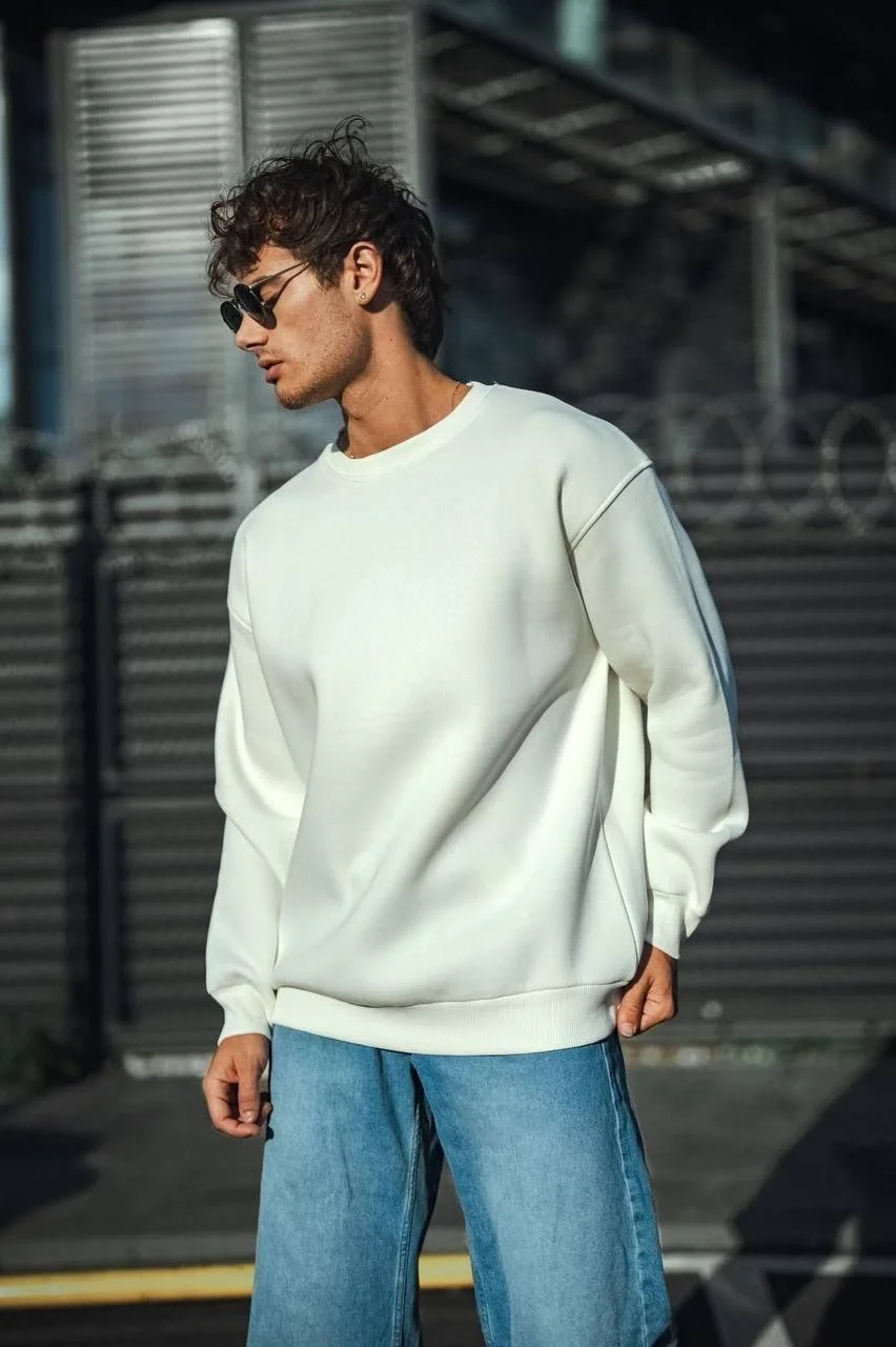 Erkek Bisiklet Yaka 3 İplik Pamuklu Basic SweatShirt - Beyaz - Görsel 2