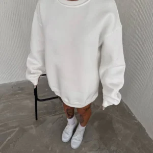 Kadın Bisiklet Yaka 3 İplik Pamuklu Basic SweatShirt - Beyaz