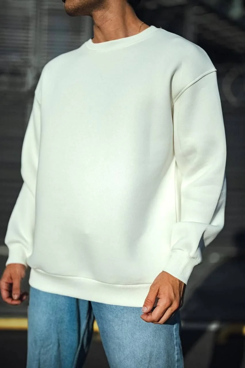 Erkek Bisiklet Yaka 3 İplik Pamuklu Basic SweatShirt - Beyaz