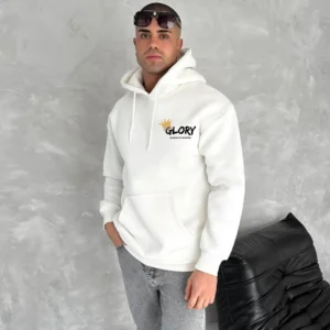 Erkek Kapüşonlu Kanguru Cepli Sweatshirt 3 İplik Pamuklu Baskılı Hoodie - Beyaz