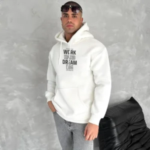 Erkek Kapüşonlu Kanguru Cepli Sweatshirt 3 İplik Pamuklu Baskılı Hoodie - Beyaz