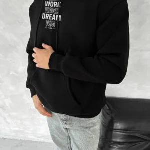 Erkek Kapüşonlu Kanguru Cepli Sweatshirt 3 İplik Pamuklu Baskılı Hoodie - Siyah
