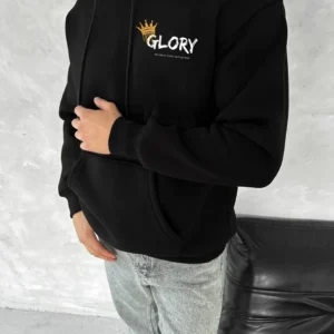 Erkek Kapüşonlu Kanguru Cepli Sweatshirt 3 İplik Pamuklu Baskılı Hoodie - Siyah