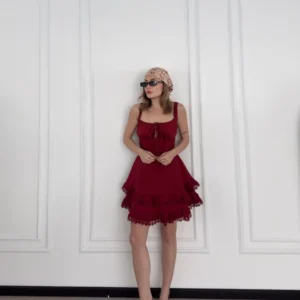 Kadın Mini Askılı Elbise - Bordo