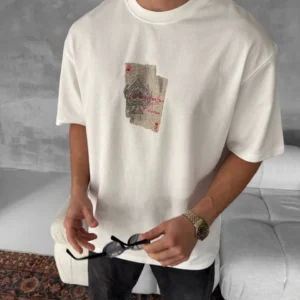 ERKEK Tişört Kısa kol Ön ve Arka Baskılı Oversize Bisiklet Yaka T-Shirt - Beyaz