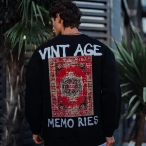 Erkek Bisiklet Yaka 3 İplik Pamuklu Baskılı SweatShirt - Siyah