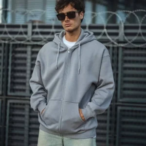 Erkek Tam Fermuarlı Cepli Kapüşonlu 3 iplik pamuklu hoodie Sweatshirt - Gri