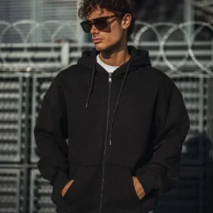 Erkek Tam Fermuarlı Cepli Kapüşonlu 3 iplik pamuklu hoodie Sweatshirt - Siyah