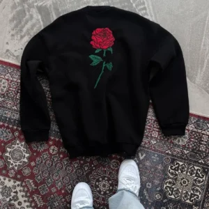 Kadın Oversize Kapüşonlu Cepli GÜL Baskılı 3 İplik Pamuklu Hoodie Sweatshirt - Siyah
