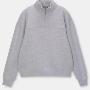 Kadın 3 İplik Pamuklu Oversize Yarım Fermuarlı Yakalı Basic Sweatshirt - Gri