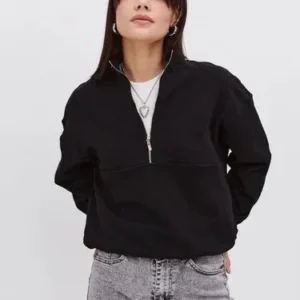 Kadın 3 İplik Pamuklu Oversize Yarım Fermuarlı Yakalı Basic Sweatshirt - Siyah