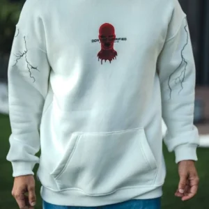 Erkek Kapüşonlu Kanguru Cepli Sweatshirt 3 İplik Pamuklu Baskılı Hoodie - Beyaz