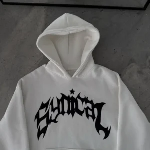Kadın Kapüşonlu Kanguru Cepli Sweatshirt 3 İplik Pamuklu Baskılı Hoodie -  Beyaz