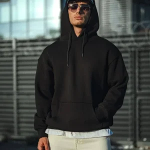 Erkek 3 İplik Pamuklu Kapüşonlu Basic SweatShirt Hoodie - Siyah