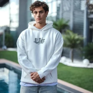 Erkek Kapüşonlu Kanguru Cepli Sweatshirt 3 İplik Pamuklu Baskılı Hoodie - Beyaz
