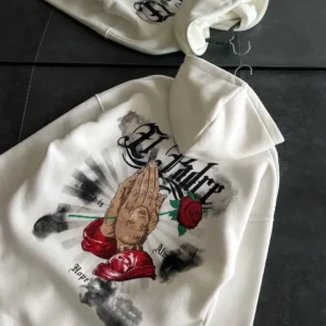 Kadın Oversize Kapüşonlu Cepli Baskılı 3 İplik Pamuklu Hoodie Sweatshirt - Beyaz