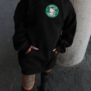 Kadın Oversize Kapüşonlu Kanguru Cepli Baskılı 3 İplik Pamuklu Sweatshirt Hoodie - Siyah