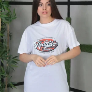 Kadın Kısa Kol Yazlık Tişört Bisiklet Yaka Baskılı Oversize T-Shirt - Beyaz