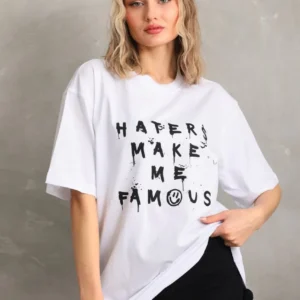 Kadın ön ve arka Baskılı Oversize Kısa kol  T-Shirt - Beyaz