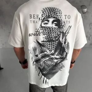 Erkek Kısa Kol Tişört Bisiklet Yaka Filistin Poşulu Baskılı T-Shirt - Beyaz
