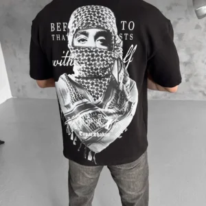 Erkek Kısa Kol Tişört Bisiklet Yaka Filistin Poşulu Baskılı T-Shirt - Siyah