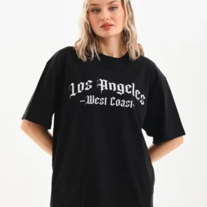 Kadın Baskılı Tişört Kısa Kol Bisiklet Yaka Oversize T-Shirt - Siyah