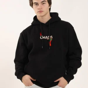Erkek 3 İplik Pamuklu Kapüşonlu Baskılı Cepli Oversize Sweatshirt Hoodie - Siyah