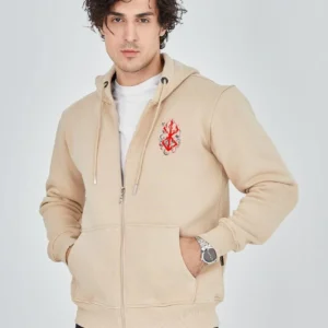 Erkek 3 İplik Pamuklu Kapüşonlu Tam Fermuarlı Cepli Hoodie Sweatshirt - Bej