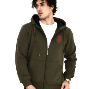 Erkek 3 İplik Pamuklu Kapüşonlu Tam Fermuarlı Cepli Hoodie Sweatshirt - Haki