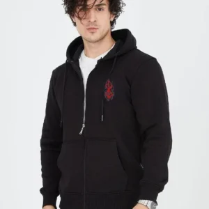 Erkek 3 İplik Pamuklu Kapüşonlu Tam Fermuarlı Cepli Hoodie Sweatshirt - Siyah
