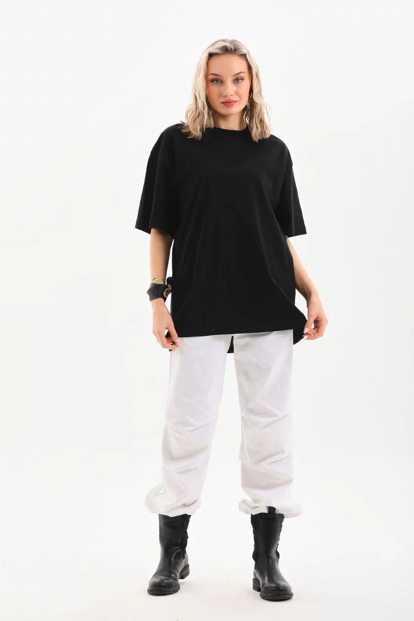 Kadın Düz Kısa kol Penye T-shirt - Siyah - Görsel 2