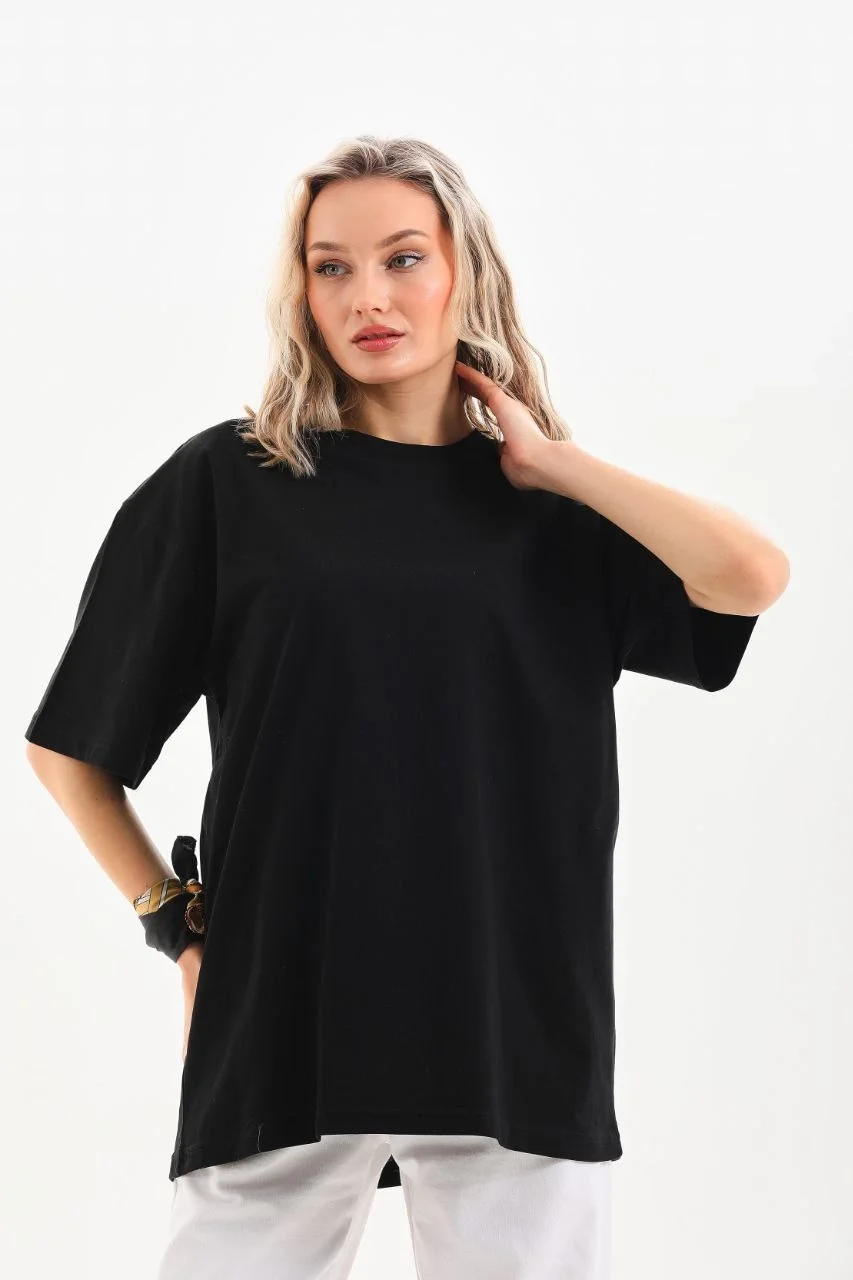Kadın Düz Kısa kol Penye T-shirt - Siyah