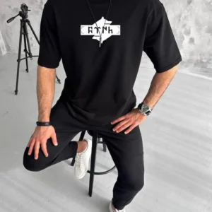 Erkek Kısa Kol Yazlık Tişört Bisiklet Yaka Baskılı Oversize T-Shirt - Siyah