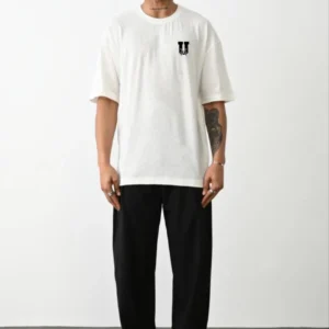 Erkek Kısa Kol Yazlık Tişört Bisiklet Yaka Baskılı Oversize T-Shirt - Beyaz
