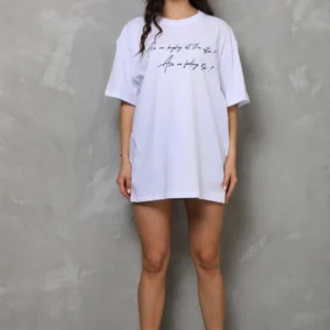 Kadın Kısa Kol Yazlık Tişört Bisiklet Yaka Baskılı Oversize T-Shirt - Beyaz