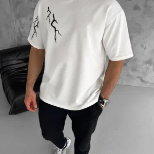 Erkek Kısa Kol Tişört Bisiklet Yaka Yıldırım Baskılı Oversize T-Shirt - Beyaz