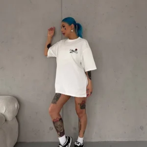 Kadın Bisiklet Yaka Baskılı Kısa kol Oversize T-Shirt - Beyaz