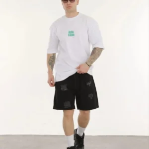 Erkek Kısa Kol Yazlık Tişört Bisiklet Yaka Baskılı Oversize T-Shirt - Beyaz