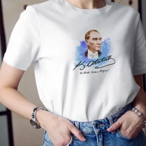 Kadın Kısa Kol Yazlık Tişört Bisiklet Yaka ATATÜRK Baskılı T-Shirt - Beyaz