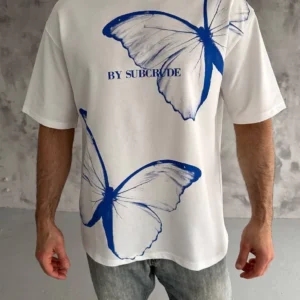 Erkek Kısa Kol Yazlık Tişört Bisiklet Yaka Baskılı Oversize T-Shirt - Beyaz