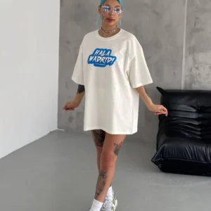 Kadın Kısa Kol Yazlık Tişört Bisiklet Yaka Baskılı Oversize T-Shirt - Beyaz