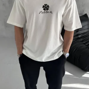 Erkek Kısa Kol Tişört Bisiklet Yaka YONCA Baskılı Oversize T-Shirt - Beyaz
