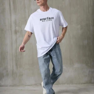 Erkek Kısa Kol Yazlık Tişört Bisiklet Yaka Baskılı Oversize T-Shirt - Beyaz