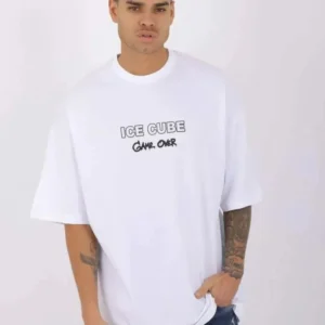 Erkek Kısa Kol Yazlık Tişört Bisiklet Yaka Baskılı Oversize T-Shirt - Beyaz