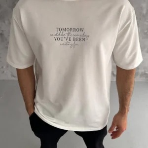 Erkek Kısa Kol Yazlık Tişört Bisiklet Yaka Baskılı Oversize T-Shirt - Beyaz