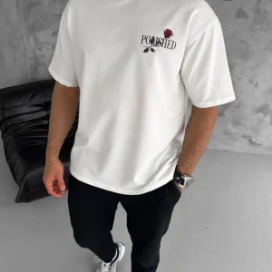 Erkek Kısa Kol Yazlık Tişört Bisiklet Yaka Baskılı Oversize T-Shirt - Beyaz